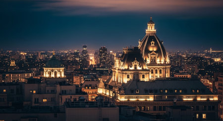 Luxury award ceremony stage background with golden spotlights, red carpet, crown, podium and elegant theater lighting.の写真素材
