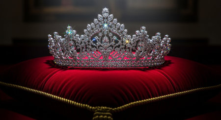 Luxury award ceremony stage background with golden spotlights, red carpet, crown, podium and elegant theater lighting.の写真素材