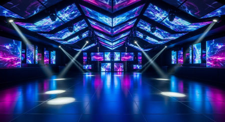 Luxury award ceremony stage background with golden spotlights, red carpet, crown, podium and elegant...