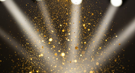 Luxury award ceremony stage background with golden spotlights, red carpet, crown, podium and elegant...