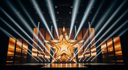 Luxury award ceremony stage background with golden spotlights, red carpet, crown, podium and elegant...