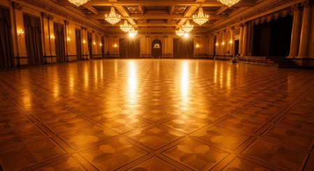 Luxury award ceremony stage background with golden spotlights, red carpet, crown, podium and elegant theater lighting.