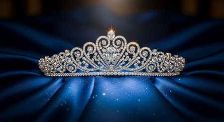 Luxury award ceremony stage background with golden spotlights, red carpet, crown, podium and elegant theater lighting.の写真素材