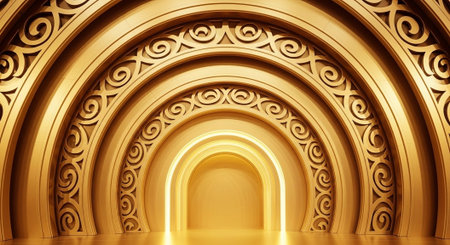 Luxury award ceremony stage background with golden spotlights, red carpet, crown, podium and elegant...