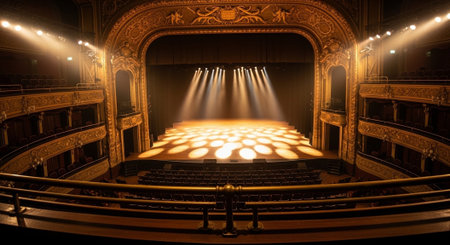 Luxury award ceremony stage background with golden spotlights, red carpet, crown, podium and elegant theater lighting.の写真素材