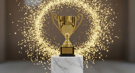 Luxury award ceremony stage background with golden spotlights, red carpet, crown, podium and elegant...