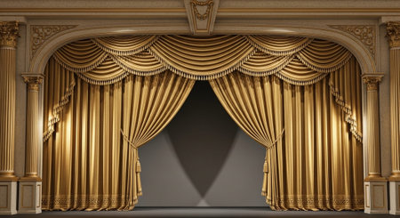 Luxury award ceremony stage background with golden spotlights, red carpet, crown, podium and elegant...