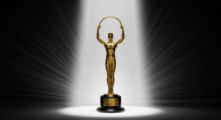 Luxury award ceremony stage background with golden spotlights, red carpet, crown, podium and elegant...