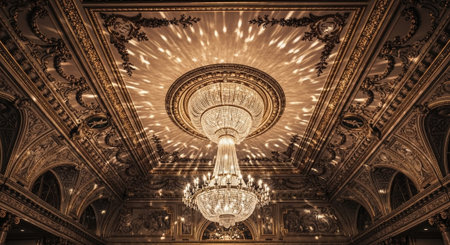 Luxury award ceremony stage background with golden spotlights, red carpet, crown, podium and elegant...