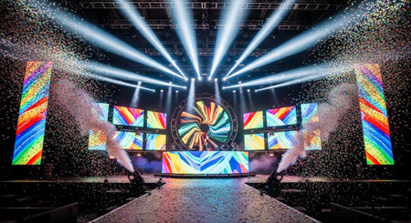 Luxury award ceremony stage background with golden spotlights, red carpet, crown, podium and elegant...