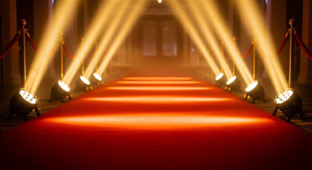 Luxury award ceremony stage background with golden spotlights, red carpet, crown, podium and elegant...