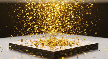 Luxury award ceremony stage background with golden spotlights, red carpet, crown, podium and elegant...