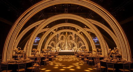 Luxury award ceremony stage background with golden spotlights, red carpet, crown, podium and elegant...