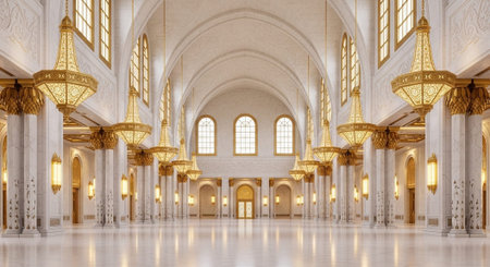 Luxury award ceremony stage background with golden spotlights, red carpet, crown, podium and elegant theater lighting.の写真素材