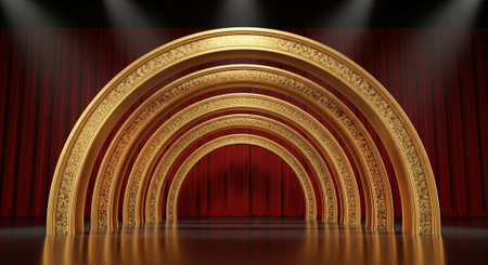 Luxury award ceremony stage background with golden spotlights, red carpet, crown, podium and elegant...