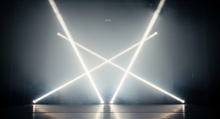 Luxury award ceremony stage background with golden spotlights, red carpet, crown, podium and elegant...