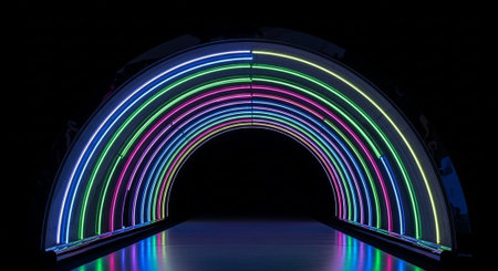 Luxury award ceremony stage background with golden spotlights, red carpet, crown, podium and elegant theater lighting.の写真素材