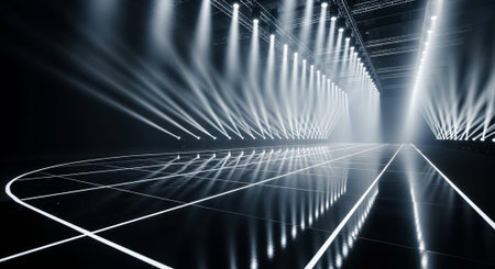 Luxury award ceremony stage background with golden spotlights, red carpet, crown, podium and elegant...