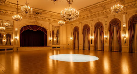 Luxury award ceremony stage background with golden spotlights, red carpet, crown, podium and elegant...