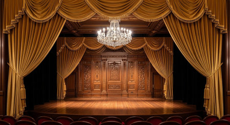 Luxury award ceremony stage background with golden spotlights, red carpet, crown, podium and elegant...