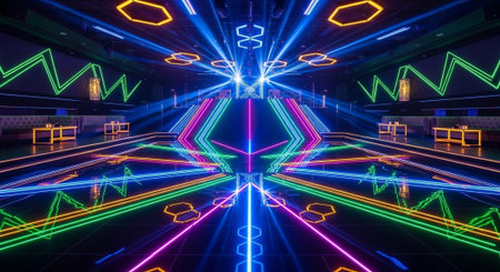 Luxury award ceremony stage background with golden spotlights, red carpet, crown, podium and elegant theater lighting.の写真素材