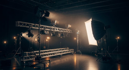 Luxury award ceremony stage background with golden spotlights, red carpet, crown, podium and elegant...