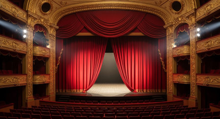 Luxury award ceremony stage background with golden spotlights, red carpet, crown, podium and elegant...