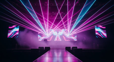 Luxury award ceremony stage background with golden spotlights, red carpet, crown, podium and elegant...