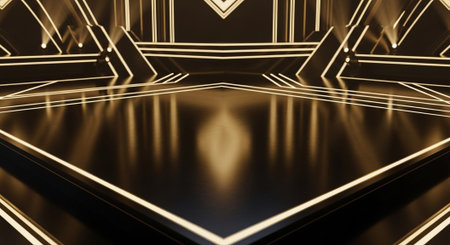 Luxury award ceremony stage background with golden spotlights, red carpet, crown, podium and elegant theater lighting.の写真素材