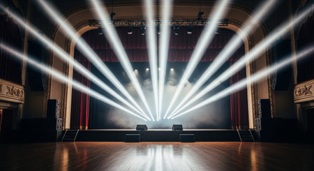 Luxury award ceremony stage background with golden spotlights, red carpet, crown, podium and elegant...