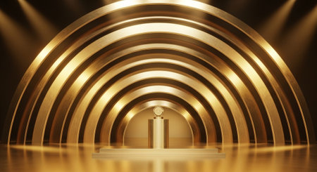 Luxury award ceremony stage background with golden spotlights, red carpet, crown, podium and elegant theater lighting.の写真素材