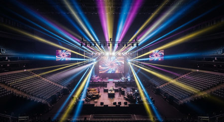 Luxury award ceremony stage background with golden spotlights, red carpet, crown, podium and elegant...