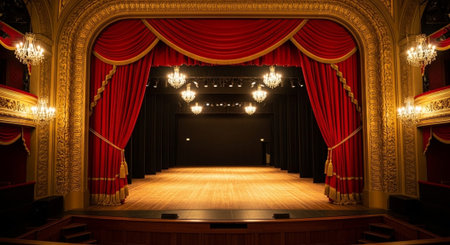 Luxury award ceremony stage background with golden spotlights, red carpet, crown, podium and elegant...