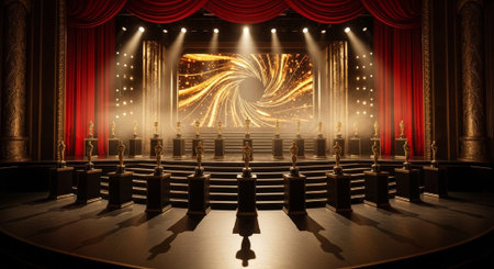 Luxury award ceremony stage background with golden spotlights, red carpet, crown, podium and elegant...