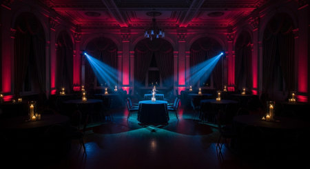 Luxury award ceremony stage background with golden spotlights, red carpet, crown, podium and elegant theater lighting.の写真素材