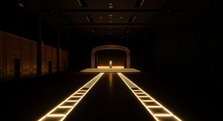 Luxury award ceremony stage background with golden spotlights, red carpet, crown, podium and elegant...
