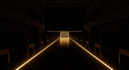 Luxury award ceremony stage background with golden spotlights, red carpet, crown, podium and elegant...