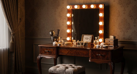 Luxury award ceremony stage background with golden spotlights, red carpet, crown, podium and elegant theater lighting.の写真素材