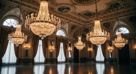 Luxury award ceremony stage background with golden spotlights, red carpet, crown, podium and elegant...