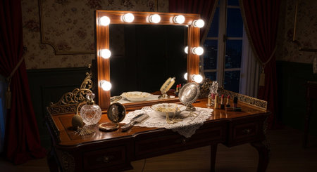 Luxury award ceremony stage background with golden spotlights, red carpet, crown, podium and elegant theater lighting.の写真素材