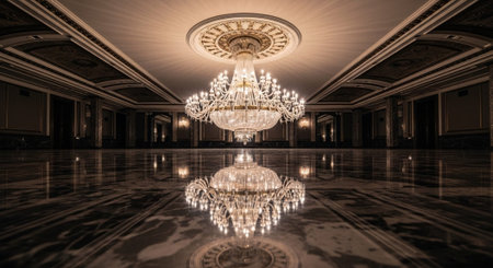 Luxury award ceremony stage background with golden spotlights, red carpet, crown, podium and elegant...