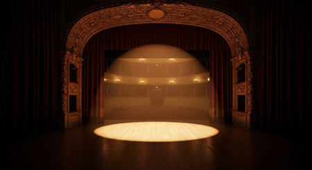 Luxury award ceremony stage background with golden spotlights, red carpet, crown, podium and elegant...