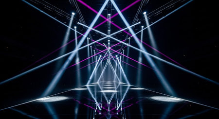 Luxury award ceremony stage background with golden spotlights, red carpet, crown, podium and elegant...