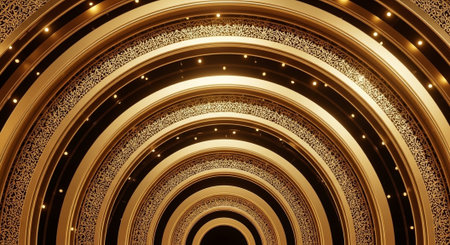 Luxury award ceremony stage background with golden spotlights, red carpet, crown, podium and elegant...