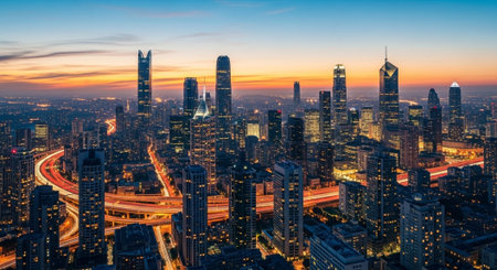 Futuristic Smart City Skyline with Neon Lights and Advanced Transportation Technology.