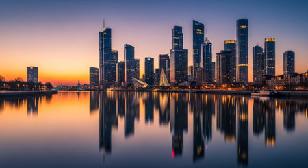 Futuristic Smart City Skyline with Neon Lights and Advanced Transportation Technology.