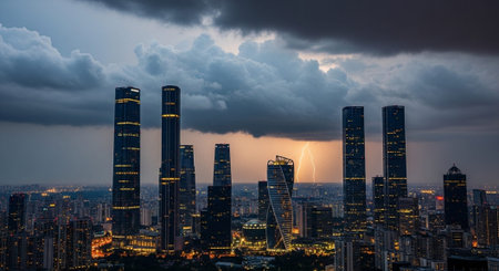 Futuristic Smart City Skyline with Neon Lights and Advanced Transportation Technology.の写真素材