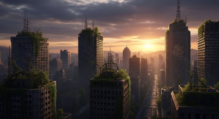 Futuristic Smart City Skyline with Neon Lights and Advanced Transportation Technology.の写真素材