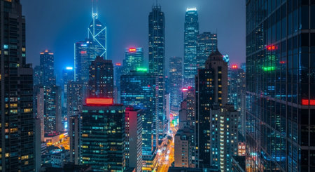 Futuristic Smart City Skyline with Neon Lights and Advanced Transportation Technology.
