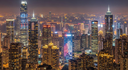 Futuristic Smart City Skyline with Neon Lights and Advanced Transportation Technology.